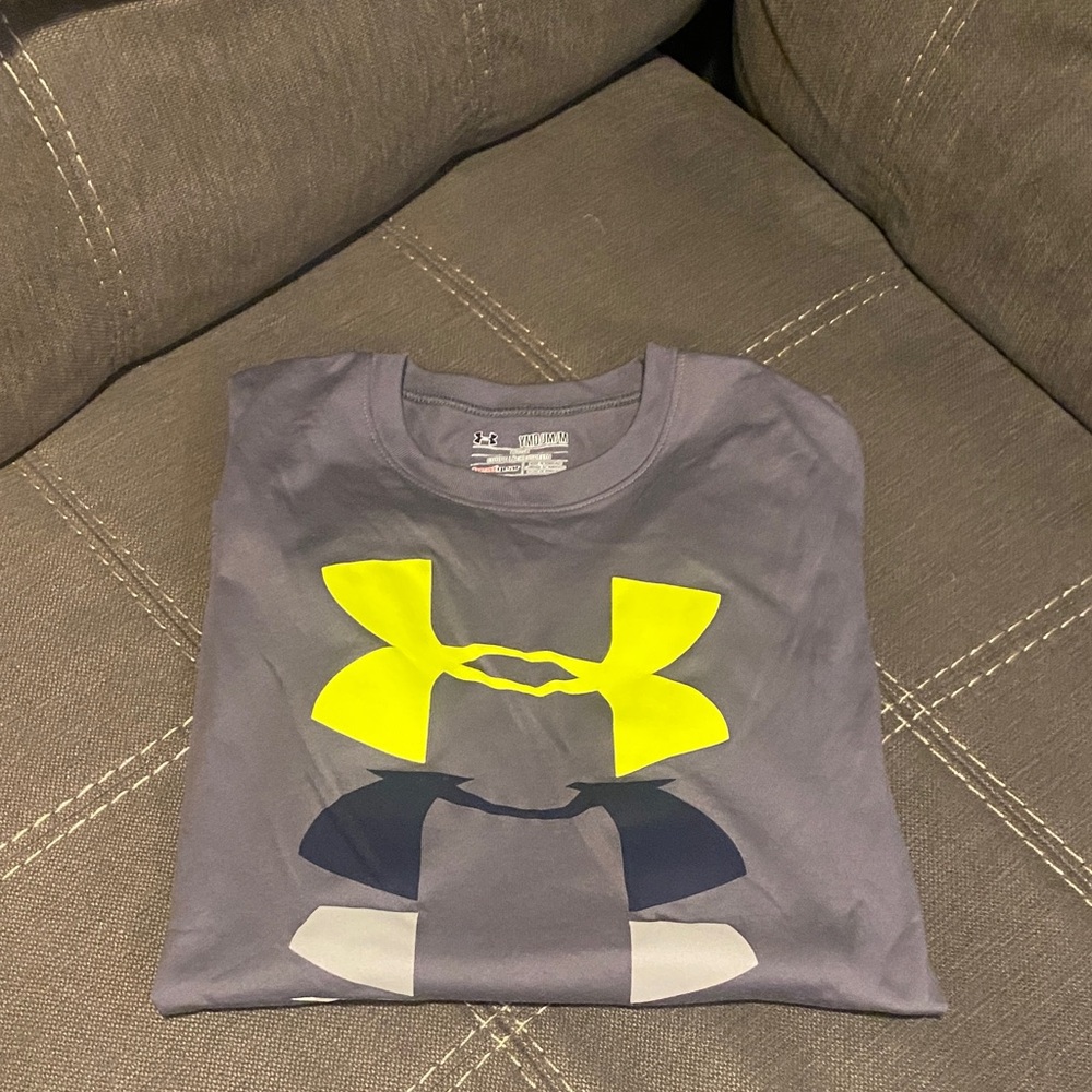 Boys Under Armour Charcoal Tee with Neon Yellow Logo